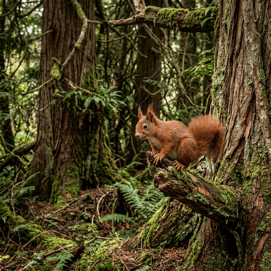 Red squirrel perched on a moss-covered branch in a dense forest