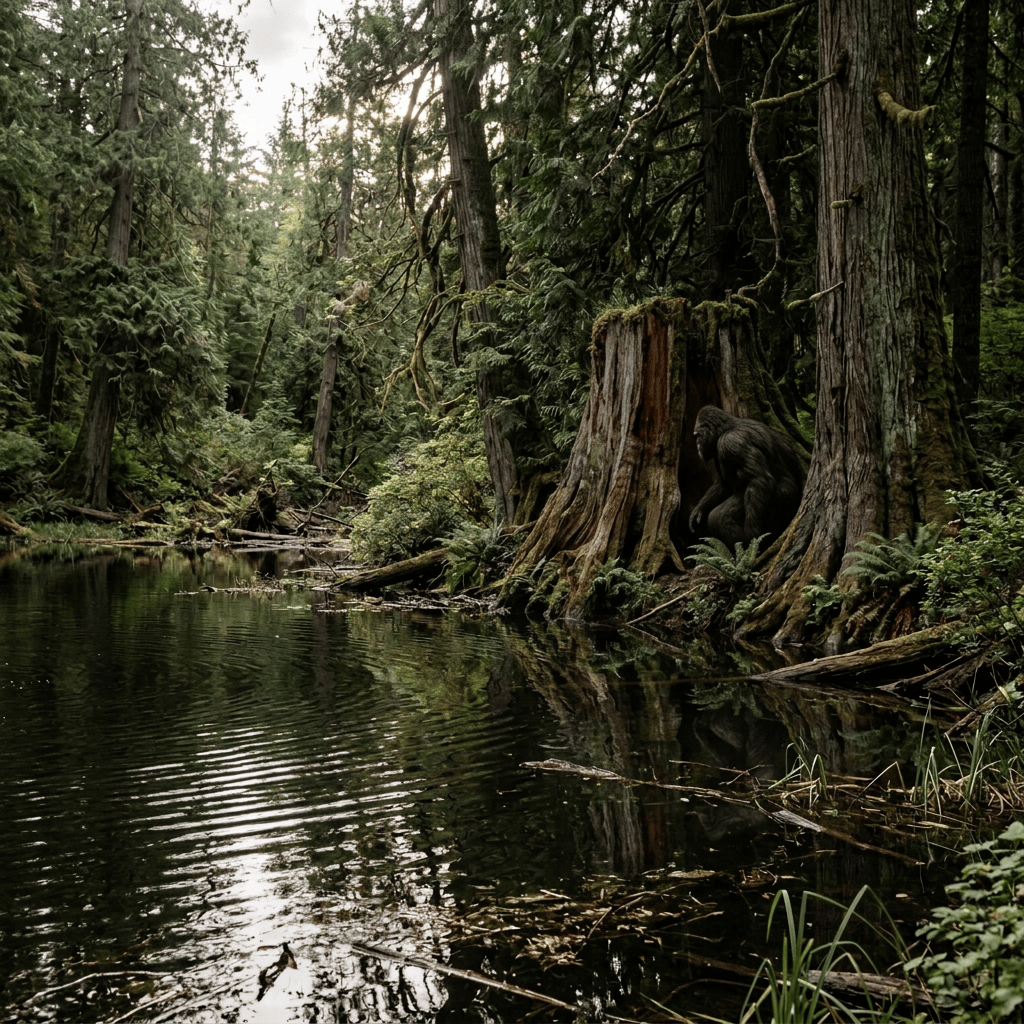 Shadowy Bigfoot-like figure walking through a forest beside a pond